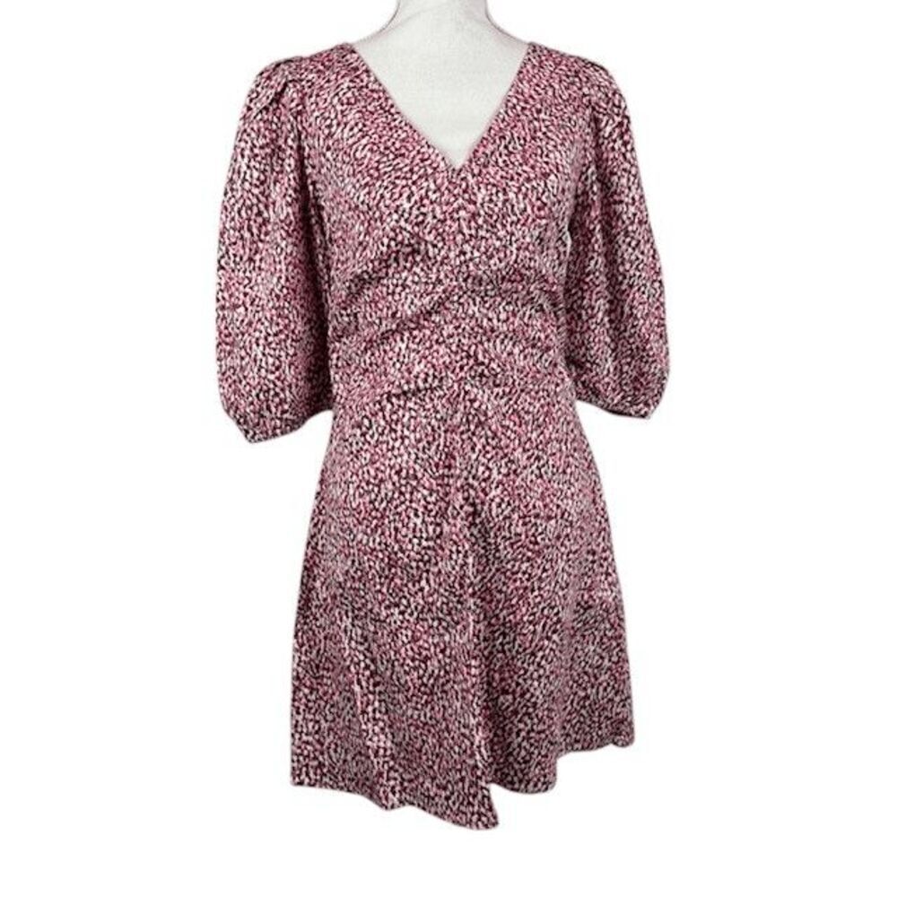 Universal Thread Pink Brown Print Elbow Puff Sleeve Ruched Mini Dress Size 6 - Picture 2 of 13